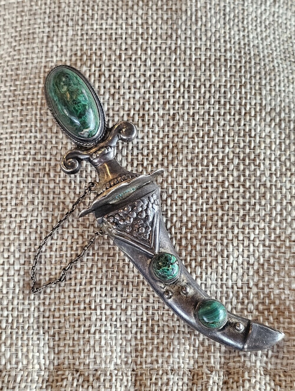 Mexico Silver Sword with Sheath Carved Green Stones Brooch Pin